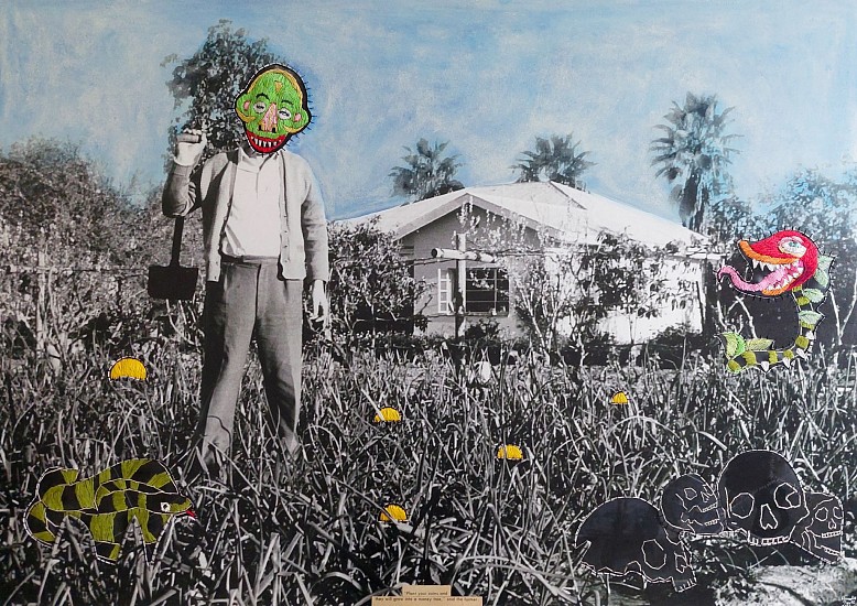 Hannalie Taute, Plant your coins and they will grow into a money tree said the farmer
photographic print, pastel ink, thread and rubber