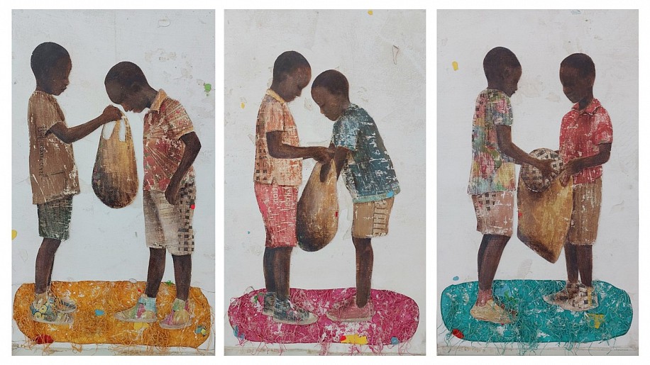 Thonton Kabeya, Playtime II (triptych)
walnut powder & newspaper ink on sculpting canvas