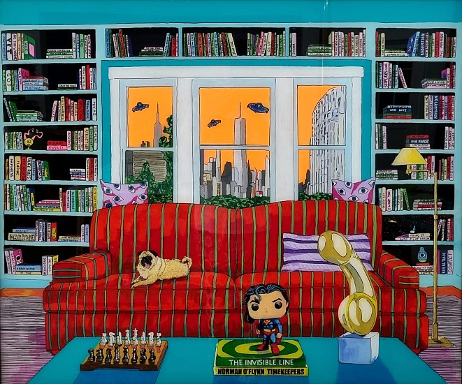 Norman O'Flynn, Good Morning, Interior with many titles
acrylic on acrylic glass & canvas
