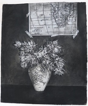 gkac 11514 corlie de kock still life with my fathers rako vase and map charcoal on fabriano 73 x 60cm