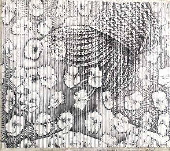 gary stephens hibiscus with braid black and white mixed media on folded paper 146 x 146 cm