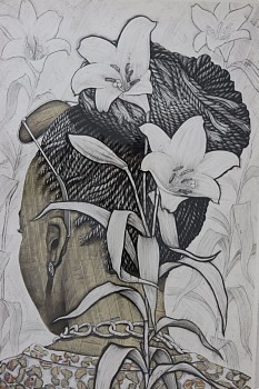 gary stephens annunciation braids sunglasses and leopard dress mixed media on paper 178 x 114cm gkac