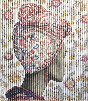 gary stephens racheal with doek and purple dress 154 x 130cm charcoal and newsprint collage on folded paper 2019