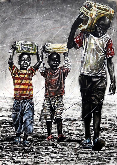 Phillemon Hlungwani, KU KSHAMA HI MAVOKO SWI CHELA VUSISWANA II ( IDLE HANDS MAKE A MAN POOR II)
charcoal & dry pastel on cotton paper