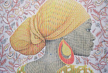 5 leticia with yellow and red striped scarf 114 x 155 chalk pastel and newsprint collage on folded paper 2021 gkac12607