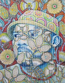 1 blue otu with bead necklace and seed pod pattern 152 x 119cm chalk pastel and newsprint collage on folded paper 2021 gkac