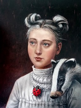 angela banks badger buds girl with badger and ladybird oil on paper 23 x 31cm