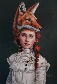 angela banks jackal head red haired girl with jackal on head oil opaper 23 x 31cm