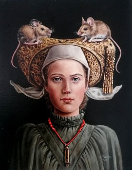 angela banks jill jack and joe girl with 2x mice oil on paper 23 x 31cm