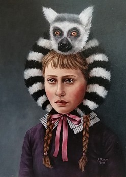 angela banks quiet comfort russian girl with lemur oil on paper 23 x 31cm