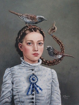 angela banks song singers girl with 2x birds oil on paper 23 x 31cm