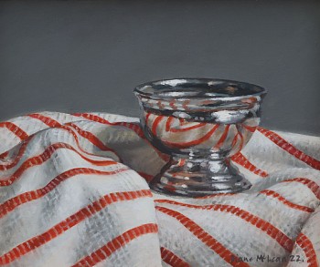diane mclean silver bowl on striped cloth oil on canvas 20 x 24 cm