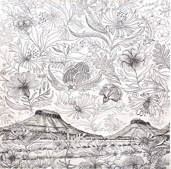 gary stephens three sisters with floral pattern 115 x 115 charcaol on paper