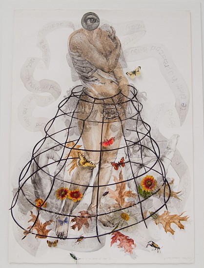Judy Woodborne, Eve, Garden of Eden
lithograph with etching, linocut, paper cut, entomology pins, water colour and collage paper sculpture