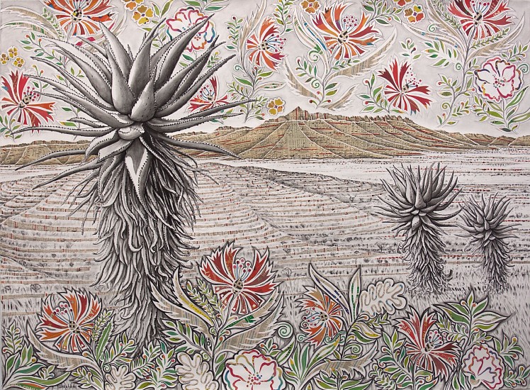 Gary Stephens, Graaff Reinet Spring Aloes and Red Wildflowers
newsprint collage & chalk pastel on folded paper