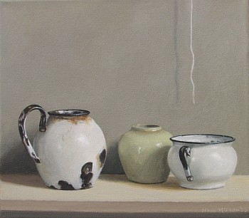 diane mclean ginger jar and enamel with string 2023 oil on canvas 32 x 36cm gkac