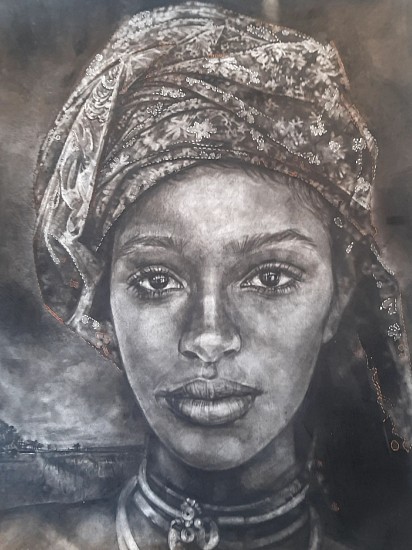 Corlie De Kock, ....sy glinster in die gras soos die reen
charcoal & cotton embroidery on cotton paper