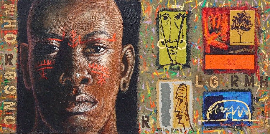 Velaphi Mzimba, Samburo Initiate
mixed media on recycled tent canvas