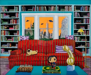 norman oflynn interior with many titles acrylic on acrylic glass 80x95cm gkac