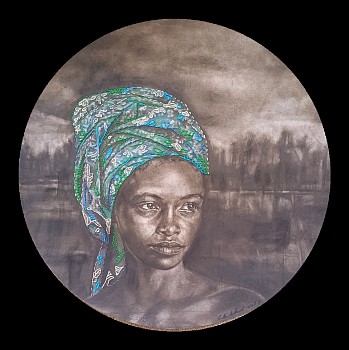 corlie de kock lady of the land charcoal and cotton thread on fabriano paper 60 cm diameter gkac