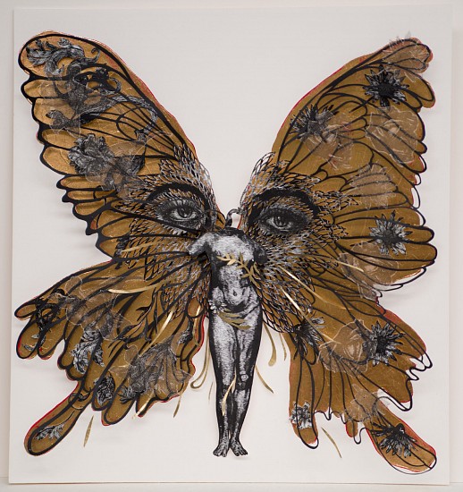 Judy Woodborne, Queen of the Night
paper sculpture with engraved lino, printed gauze, gold leaf, ento pins.text,paper cut