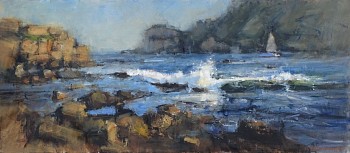 knysna heads with sailboat 70cm x 160cm oil on canvas