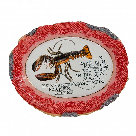 Francke Gretchen Crots, Eet Kreef
electric fired earthenware,underglaze,transparent glaze,gold lustre,M.O.P lustre, metallic gold on glaze paste