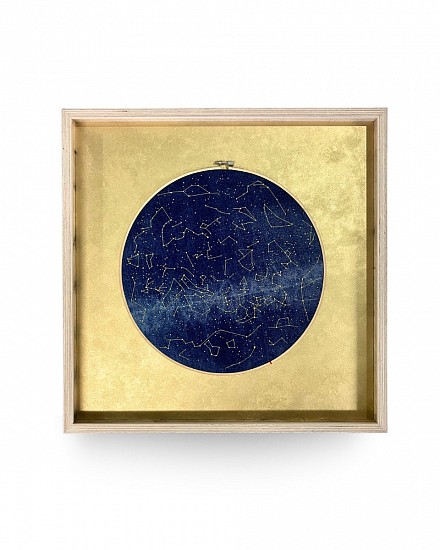 Nicki Friedlein, Crux
denim & hand embroidery, bamboo hoop on gold painted board